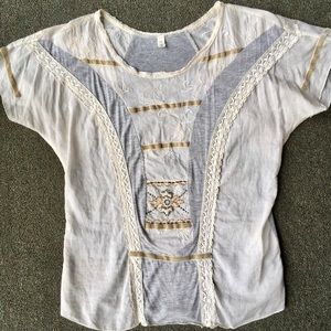 Anthropologie Cream and Gray Beaded Tee- S